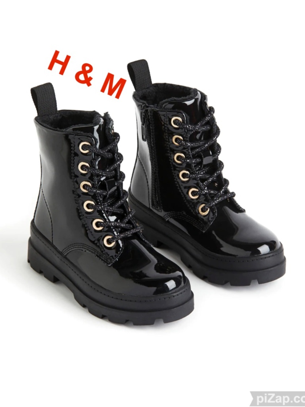 H&M Black Patent Lace-Up Lined Little Girls Boots - Sz 7.5
